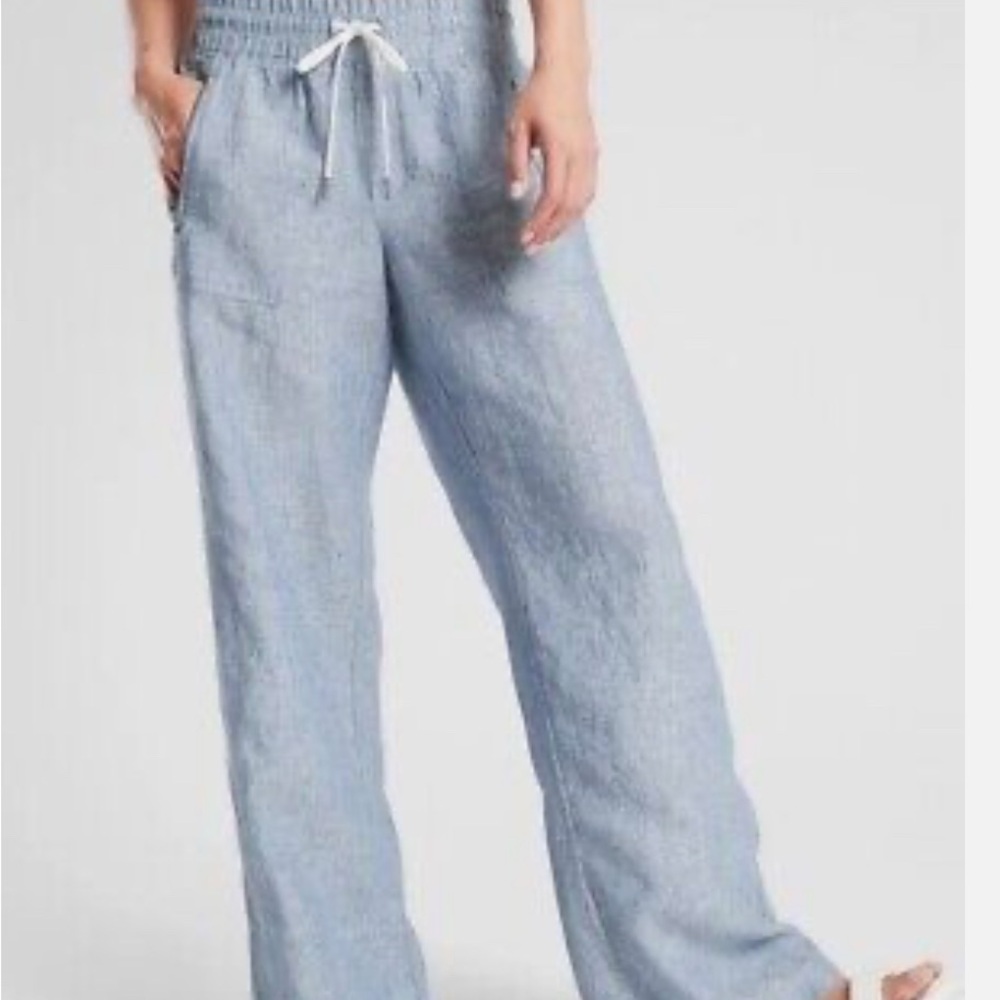 Athleta Cabo Blue chambray Wide Leg linen Pants size 2